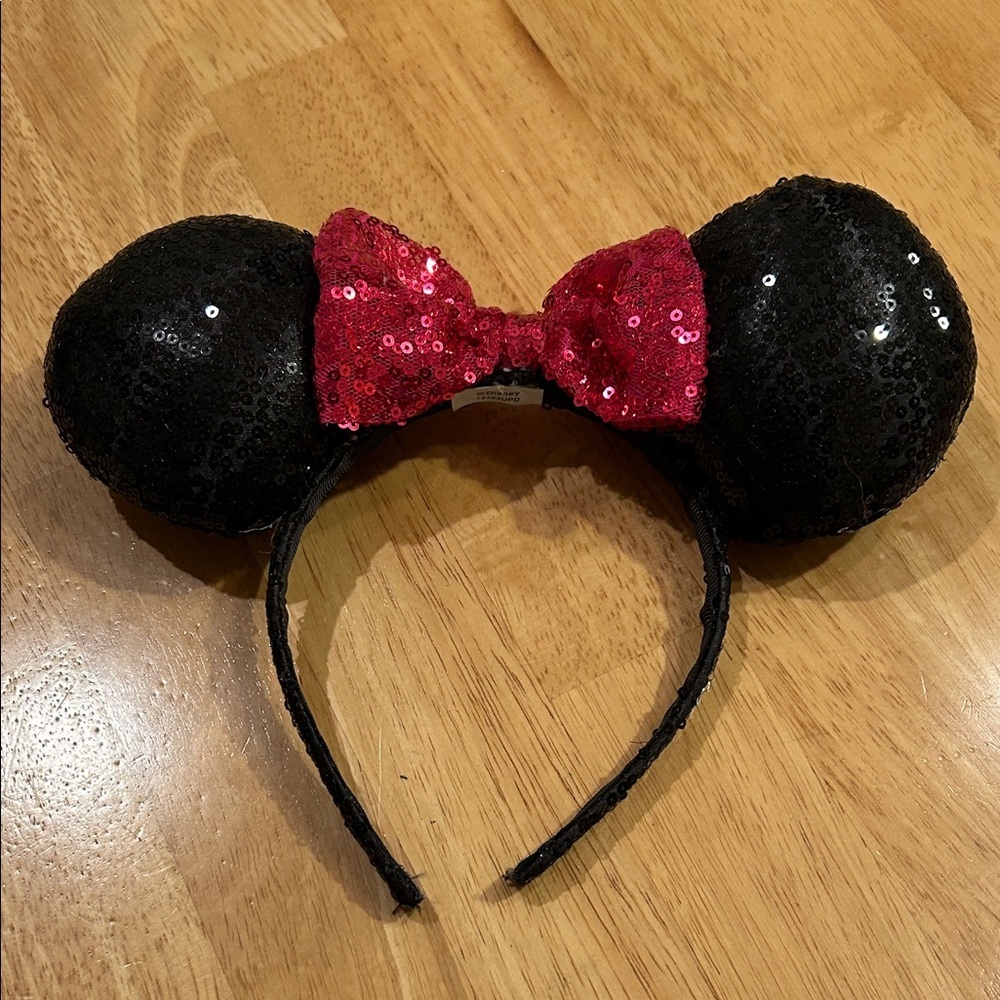 Disney Black Sequin Mouse Ears with Red Bow